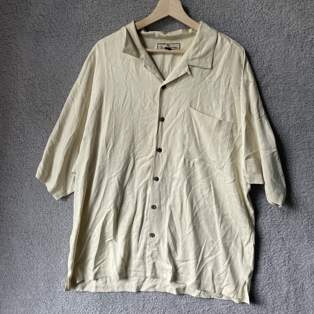 Tommy Bahama Silk Shirt Mens XL Short Sleeve Button Hawaiian Style Cream Tan